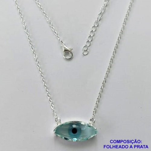 GARGANTILHA FOLHEADO A PRATA COM 50 MILÉSIMOS + VERNIZ DIAMOND - GARGANTILHA CORRENTE CADEADO 40CM PINGENTE ZIRCÔNIA AZUL 21X9MM  + FECHO LAGOSTA - PRA440