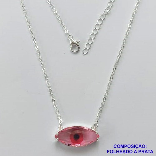 GARGANTILHA FOLHEADO A PRATA COM 50 MILÉSIMOS + VERNIZ DIAMOND - GARGANTILHA CORRENTE CADEADO 40CM PINGENTE ZIRCÔNIA ROSA 21X9MM  + FECHO LAGOSTA - PRA443