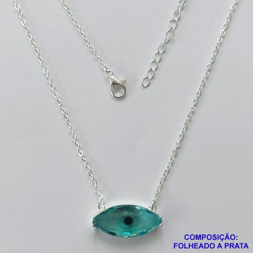 GARGANTILHA FOLHEADO A PRATA COM 50 MILÉSIMOS + VERNIZ DIAMOND - GARGANTILHA CORRENTE CADEADO 40CM PINGENTE ZIRCÔNIA VERDE 21X9MM  + FECHO LAGOSTA - PRA444
