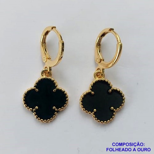 BRINCO FOLHEADO A OURO - BANHADO COM 5 MILÉSIMOS + VERNIZ DIAMOND(BA0994D) - BRINCO TIPO VAN CLEEF 12MM PRETO - OURO301