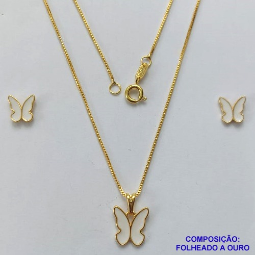 CONJUNTO FOLHEADO A OURO(CJB915) - BANHADO COM 5 MILÉSIMOS + VERNIZ DIAMOND - CONJUNTO COM CORRENTE VENEZIANA 45CM E BRINCOS DE PINO COM PINGENTE BORBOLETA BRANCA 10MM- OURO305