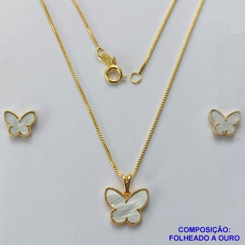 CONJUNTO FOLHEADO A OURO(CJA1056) - BANHADO COM 5 MILÉSIMOS + VERNIZ DIAMOND - CONJUNTO COM CORRENTE VENEZIANA 45CM E BRINCOS DE PINO COM PINGENTE BORBOLETA BRANCA 13MM- OURO309
