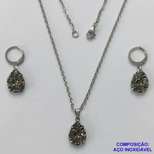 CONJUNTO EM AÇO INOXIDÁVEL -  (CX.60)  CONJUNTO CORRENTE 03 50CM E BRINCO ARGOLINHA DE PRESSÃO COM PINGENTE DRUSA PRETA 10X14- COMPOSIÇÃO: AÇO INOXIDÁVEL - AÇO2012