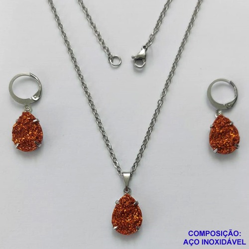 CONJUNTO EM AÇO INOXIDÁVEL -  (CX.60)  CONJUNTO CORRENTE (03) 50CM E BRINCO ARGOLINHA DE PRESSÃO COM PINGENTE DRUSA LARANJA 10X14- COMPOSIÇÃO: AÇO INOXIDÁVEL - AÇO2013