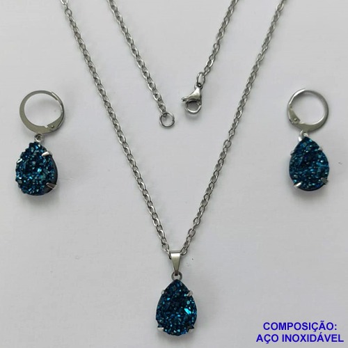 CONJUNTO EM AÇO INOXIDÁVEL - (CX.60)   CONJUNTO CORRENTE (03) 50CM E BRINCO ARGOLINHA DE PRESSÃO COM PINGENTE DRUSA AZUL 10X14- COMPOSIÇÃO: AÇO INOXIDÁVEL - AÇO2014