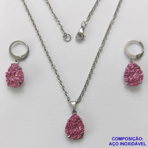 CONJUNTO EM AÇO INOXIDÁVEL -  (CX.60)  CONJUNTO CORRENTE (03) 50CM E BRINCO ARGOLINHA DE PRESSÃO COM PINGENTE DRUSA ROSA 10X14- COMPOSIÇÃO: AÇO INOXIDÁVEL - AÇO2015