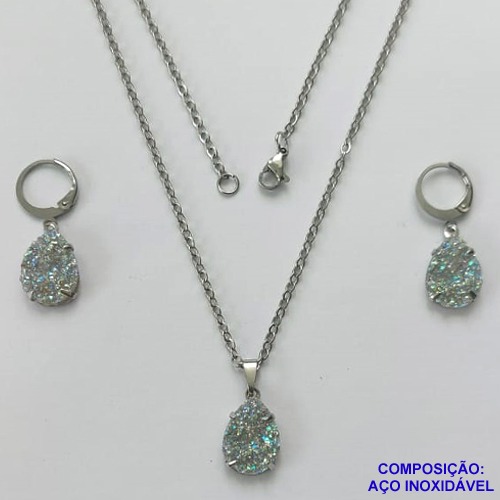 CONJUNTO EM AÇO INOXIDÁVEL -  (CX.60)  CONJUNTO CORRENTE (03) 50CM E BRINCO ARGOLINHA DE PRESSÃO COM PINGENTE DRUSA CINZA 10X14- COMPOSIÇÃO: AÇO INOXIDÁVEL - AÇO2017