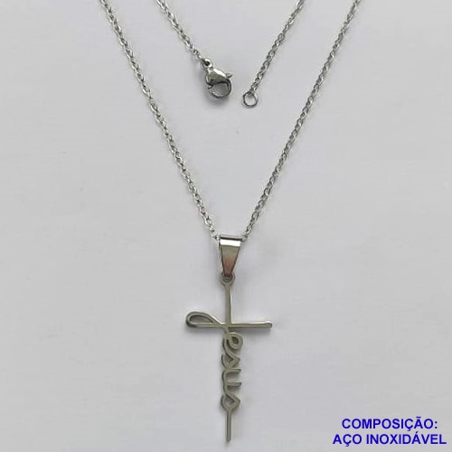GARGANTILHA EM AÇO INOXIDÁVEL - (CX.60)   GARGANTILHA COM CORRENTE 45CM E PINGENTE CRUCIFIXO ESCRITO JESUS 17X32MM - COMPOSIÇÃO: AÇO INOXIDÁVEL - AÇO2023