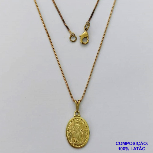 GARGANTILHA NO BRUTO PRONTA PARA O BANHO - (CX.127)  GARGANTILHA COM CORRENTE VENEZIANA 45CM (318) E PINGENTE NOSSA SRA DAS GRAÇAS 17MM - PESO: 1,7GR - COMPOSIÇÃO: 100% LATÃO - BRU15003