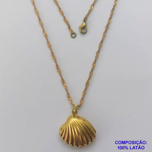 GARGANTILHA NO BRUTO PRONTA PARA O BANHO - (CX.127)  GARGANTILHA COM CORRENTE SINGAPURA 45CM (TQ303) E PINGENTE CONCHA DUPLA 19MM - PESO: 2,6GR - COMPOSIÇÃO: 100% LATÃO - BRU15004