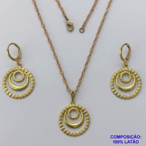 CONJUNTO NO BRUTO PRONTO PARA O BANHO - (CX.127)  CONJUNTO COM CORRENTE SINGAPURA 45CM (5749) BRINCOS ARGOLINHA DE PRESSÃO E PINGENTE REDONDO VAZADO 20MM - PESO: 6,3GR - COMPOSIÇÃO: 100% LATÃO - BRU15005