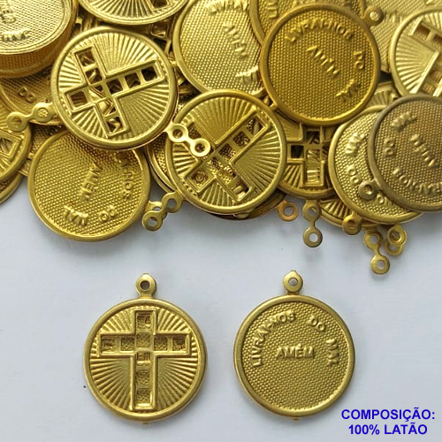 ACESSÓRIO NO BRUTO PRONTO PARA O BANHO(CX126) - (3.850) PINGENTE REDONDO DUPLO COM CRUCIFIXO 20MM - PESO: 2.3GR - (VENDIDO POR UNIDADE)- BRU0003031