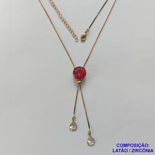 CORRENTE NO BRUTO PRONTA PARA O BANHO - CORRENTE GRAVATINHA (AJUSTÁVEL) 45CM + EXTENSOR - BASE ALTA FUSÃO COM ZIRCÔNIA VERMELHA 12X12MM E GOTAS CRISTAIS 6X8MM - PESO TOTAL 4,4GR - BRU15009