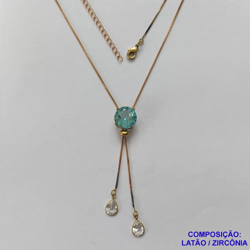 CORRENTE NO BRUTO PRONTA PARA O BANHO - CORRENTE GRAVATINHA (AJUSTÁVEL) 45CM + EXTENSOR - BASE ALTA FUSÃO COM ZIRCÔNIA AZUL CLARA 12X12MM E GOTAS CRISTAIS 6X8MM - PESO TOTAL 4,4GR - BRU15010