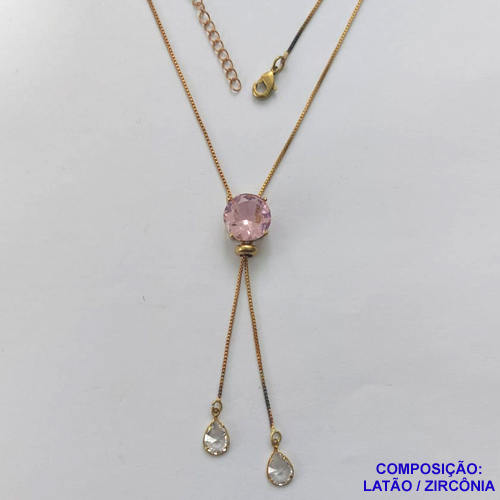CORRENTE NO BRUTO PRONTA PARA O BANHO - CORRENTE GRAVATINHA (AJUSTÁVEL) 45CM + EXTENSOR - BASE ALTA FUSÃO COM ZIRCÔNIA ROSA 12X12MM E GOTAS CRISTAIS 6X8MM - PESO TOTAL 4,4GR - BRU15012