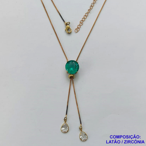 CORRENTE NO BRUTO PRONTA PARA O BANHO - CORRENTE GRAVATINHA (AJUSTÁVEL) 45CM + EXTENSOR - BASE ALTA FUSÃO COM ZIRCÔNIA VERDE 12X12MM E GOTAS CRISTAIS 6X8MM - PESO TOTAL 4,4GR - BRU15013