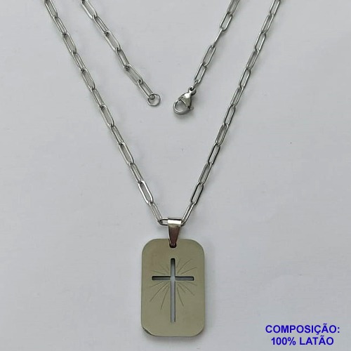GARGANTILHA EM AÇO INOXIDÁVEL - (12753) - -(CX.126)  GARGANTILHA COM CORRENTE 60CM E PINGENTE PLACA CRUCIFIXO VAZADO 18X30MM - COMPOSIÇÃO: AÇO INOXIDÁVEL - AÇO2031