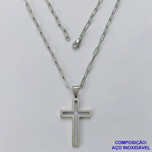 GARGANTILHA EM AÇO INOXIDÁVEL - (12753) - (CX.126)  GARGANTILHA COM CORRENTE 60CM E PINGENTE PLACA CRUCIFIXO VAZADO 23X36MM - COMPOSIÇÃO: AÇO INOXIDÁVEL - AÇO2032