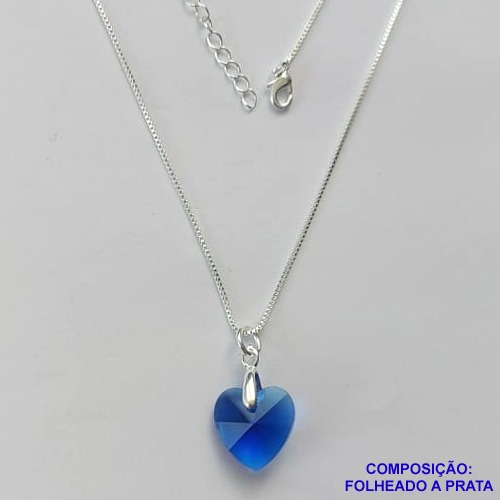 GARGANTILHA FOLHEADO A PRATA COM 50 MILÉSIMOS + VERNIZ DIAMOND - GARGANTILHA CORRENTE VENEZIANA 45CM PINGENTE CORAÇÃO CRISTAL AZUL ESCURO 13MM  + FECHO LAGOSTA - PRA446