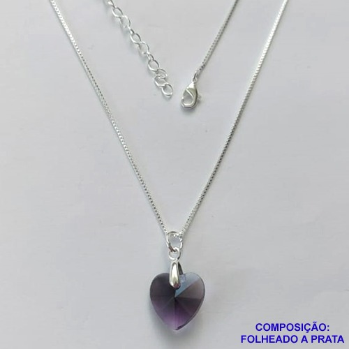 GARGANTILHA FOLHEADO A PRATA COM 50 MILÉSIMOS + VERNIZ DIAMOND - GARGANTILHA CORRENTE VENEZIANA 45CM PINGENTE CORAÇÃO LILÁS 13MM  + FECHO LAGOSTA - PRA447