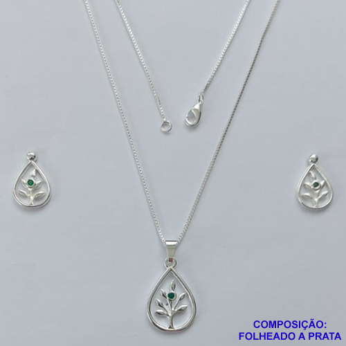 CONJUNTO FOLHEADO A PRATA COM 50 MILÉSIMOS + VERNIZ DIAMOND - CONJUNTO COM CORRENTE VENEZIANA 45CM - BRINCOS DE PINO E PINGENTES EM FLORES VAZADAS COM PEDRA EM ZIRCÔNIA VERDE 14X22MM - PRA449
