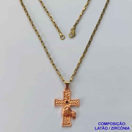 GARGANTILHA NO BRUTO PRONTA PARA O BANHO (7364)  (CX.127)  GARGANTILHA COM CORRENTE TIJOLINHO 60CM E PINGENTE CRUCIFIXO COM ZIRCÔNIA NEGRA 21X32MM - PESO TOTAL 9,8GR - COMPOSIÇÃO: LATÃO / ZIRCÔNIA - BRU15025