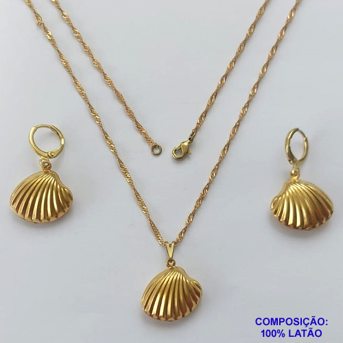 CONJUNTO NO BRUTO PRONTO PARA O BANHO (TQ303)  (CX.127)  CONJUNTO COM CORRENTE SINGAPURA 45CM COM BRINCOS ARGOLINHA DE PRESSÃO E PINGENTES CONCHAS DUPLAS 19MM - PESO TOTAL 5,6GR - COMPOSIÇÃO: 100% LATÃO - BRU15030