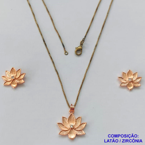 CONJUNTO NO BRUTO PRONTO PARA O BANHO (CRIS)  (CX.127) CONJUNTO COM CORRENTE VENEZIANA 45CM COM BRINCOS DE PINO FLOR COM ZIRCÔNIA CRISTAL 13MM E PINGENTE FLOR COM ZIRCÔNIA 19MM - PESO TOTAL 4,3GR - COMPOSIÇÃO: LATÃO / ZIRCÔNIA - BRU15031