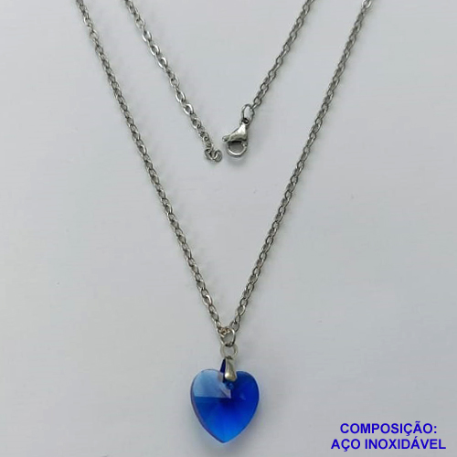 GARGANTILHA EM AÇO INOXIDAVEL - (AÇO03)  (CX.127)  GARGANTILHA COM CORRENTE 50CM E PINGENTE CORAÇÃO CRISTAL AZUL ESCURO 13MM - FECHO LAGOSTA - AÇO2049
