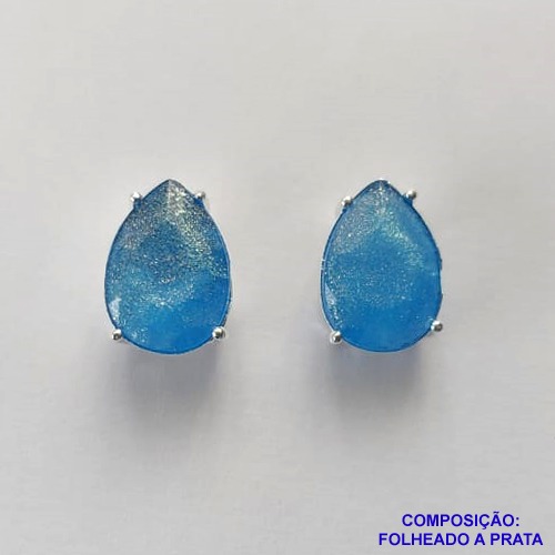 BRINCO FOLHEADA A PRATA COM 50 MILÉSIMOS + VERNIZ DIAMOND - BRINCO DE PINO BASE ALTA FUSÃO AZUL COM BRILHOS 10X14MM PRA454