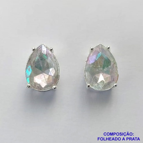 BRINCO FOLHEADA A PRATA COM 50 MILÉSIMOS + VERNIZ DIAMOND - BRINCO DE PINO BASE ALTA FUSÃO CRISTAL 10X14MM PRA455