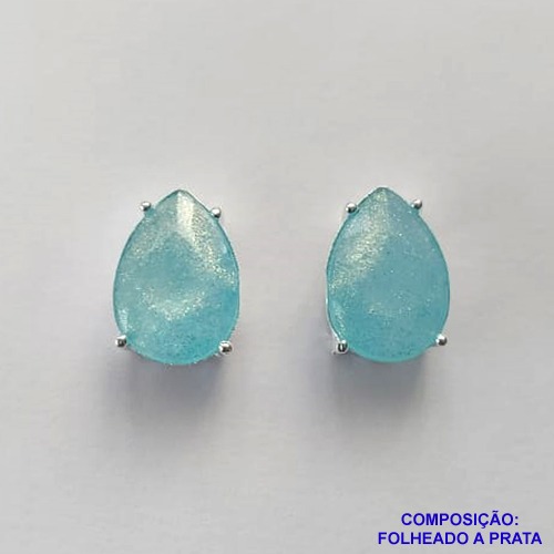 BRINCO FOLHEADA A PRATA COM 50 MILÉSIMOS + VERNIZ DIAMOND - BRINCO DE PINO BASE ALTA FUSÃO AZUL CLARO COM BRILHOS 10X14MM PRA457