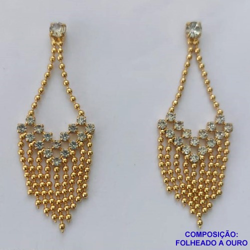 BRINCO FOLHEADO A OURO - BANHADO COM 5 MILÉSIMOS + VERNIZ DIAMOND -  BRINCO DE PINO COM MICRO ZIRCÔNIAS E CORRENTE BOLINHAS 48MM - OURO313