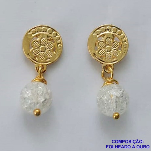 BRINCO FOLHEADO A OURO - BANHADO COM 5 MILÉSIMOS + VERNIZ DIAMOND -  BRINCO DE PINO COM BASE DESENHADA CRISTAL NATURAL CRAQUELADO 24MM - OURO311
