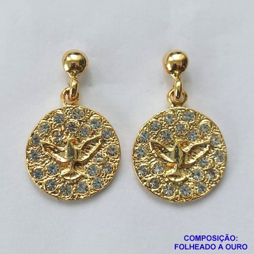 BRINCO FOLHEADO A OURO - BANHADO COM 5 MILÉSIMOS + VERNIZ DIAMOND -  BRINCO DE PINO BASE LISA E ESPÍRITO SANTO CRAVEJADO COM MICRO ZIRCÔNIAS 15MM - OURO319