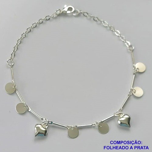 PULSEIRA FOLHEADA A PRATA COM 50 MILÉSIMOS + VERNIZ DIAMOND - PULSEIRA COM BOLINHAS LISAS E CORAÇÃO LISO - TAMANHO: 20CM + FECHO LAGOSTA PRA477