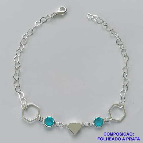 PULSEIRA FOLHEADA A PRATA COM 50 MILÉSIMOS + VERNIZ DIAMOND - PULSEIRA COM CORAÇÃO E PEDRA CRISTAL AZUL - TAMANHO: 19CM E  FECHO LAGOSTA PRA478