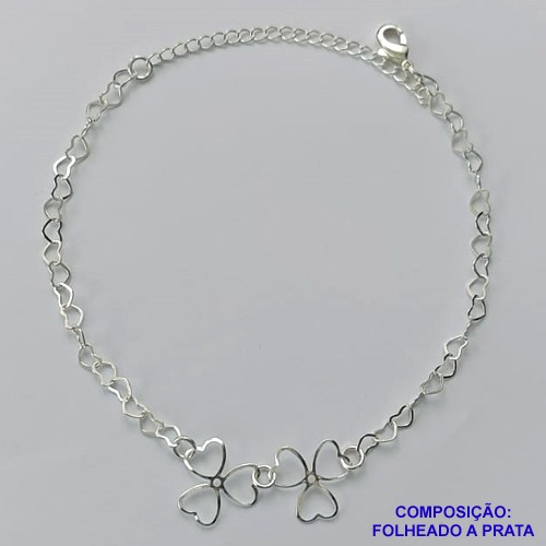 PULSEIRA FOLHEADA A PRATA COM 50 MILÉSIMOS + VERNIZ DIAMOND - PULSEIRA CORRENTE CORAÇÃO E CORAÇÕES VAZADOS - TAMANHO: 18CM E  FECHO LAGOSTA + EXTENSOR PRA479