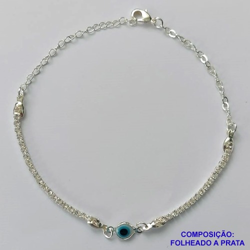 PULSEIRA FOLHEADA A PRATA COM 50 MILÉSIMOS + VERNIZ DIAMOND - PULSEIRA COM STRASS E OLHO GREGO  - TAMANHO: 18CM E  FECHO LAGOSTA + EXTENSOR PRA480