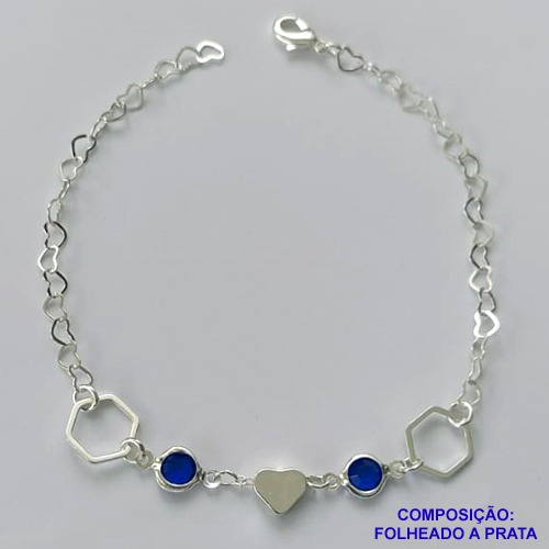 PULSEIRA FOLHEADA A PRATA COM 50 MILÉSIMOS + VERNIZ DIAMOND - PULSEIRA COM CORAÇÃO E PEDRA CRISTAL AZUL ESCURO - TAMANHO: 19CM E  FECHO LAGOSTA PRA481