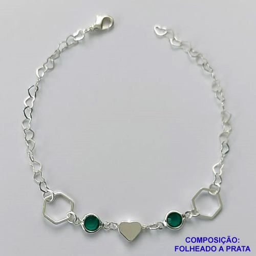 PULSEIRA FOLHEADA A PRATA COM 50 MILÉSIMOS + VERNIZ DIAMOND - PULSEIRA COM CORAÇÃO E PEDRA CRISTAL VERDE - TAMANHO: 19CM E  FECHO LAGOSTA PRA482