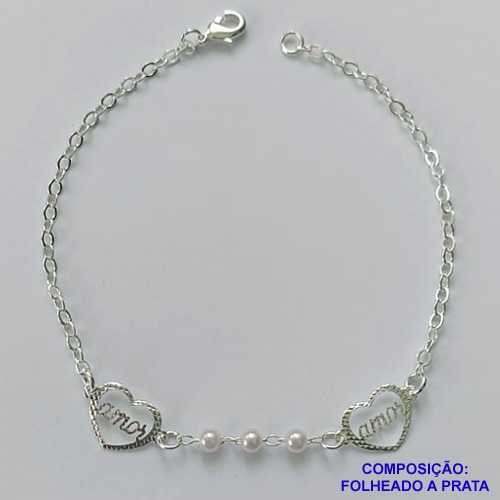 PULSEIRA FOLHEADA A PRATA COM 50 MILÉSIMOS + VERNIZ DIAMOND - PULSEIRA COM PÉROLAS E CORAÇÃO VAZADO ESCRITO AMOR - TAMANHO: 19CM E  FECHO LAGOSTA PRA484