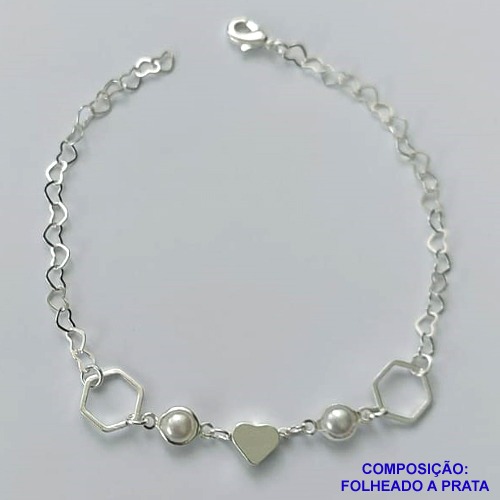 PULSEIRA FOLHEADA A PRATA COM 50 MILÉSIMOS + VERNIZ DIAMOND - PULSEIRA COM CORAÇÃO E PÉROLAS - TAMANHO: 19CM E  FECHO LAGOSTA PRA485