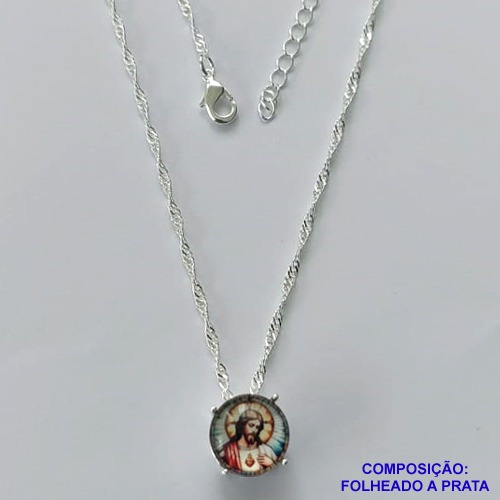 GARGANTILHA FOLHEADA A PRATA COM 50 MILÉSIMOS + VERNIZ DIAMOND - GARGANTILHA CORRENTE SINGAPURA 45CM PINGENTE RESINA COM IMAGEM DE JESUS CRISTO 10MM - FECHO LAGOSTA + EXTENSOR PRA486