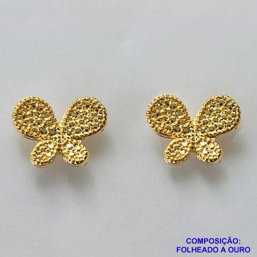 BRINCO FOLHEADO A OURO - BANHADO COM 5 MILÉSIMOS + VERNIZ DIAMOND(BRD9013) -  BRINCO DE PINO BORBOLETA 12MM - OURO324