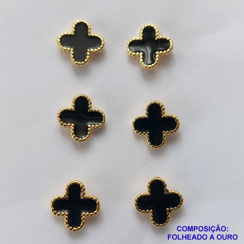 BRINCO FOLHEADO A OURO - BANHADO COM 5 MILÉSIMOS + VERNIZ DIAMOND(BIJ652) -   TRIO DE BRINCO DE PINO VAN CLEEF PRETO 6MM - OURO334