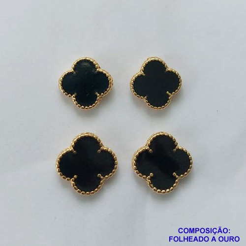 BRINCO FOLHEADO A OURO - BANHADO COM 5 MILÉSIMOS + VERNIZ DIAMOND(BRD029D) - DUO DE BRINCO DE PINO VAN CLEEF PRETO 9/7MM - OURO336