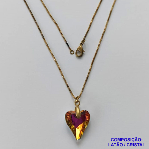 GARGANTILHA NO BRUTO PRONTA PARA O BANHO - GARGANTILHA COM CORRENTE VENEZIANA 45CM E PINGENTE CORAÇÃO CRISTAL LARANJA/ROSA 14X17MM - PESO TOTAL 3,6GR - COMPOSIÇÃO: LATÃO / CRISTAL - BRU15037
