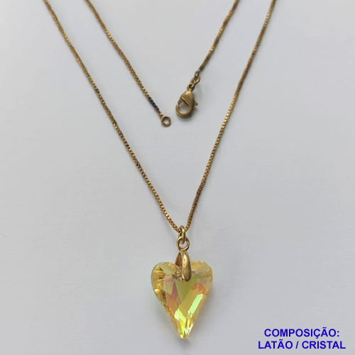 GARGANTILHA NO BRUTO PRONTA PARA O BANHO - GARGANTILHA COM CORRENTE VENEZIANA 45CM E PINGENTE CORAÇÃO CRISTAL AMARELA 14X17MM - PESO TOTAL 3,6GR - COMPOSIÇÃO: LATÃO / CRISTAL - BRU15039