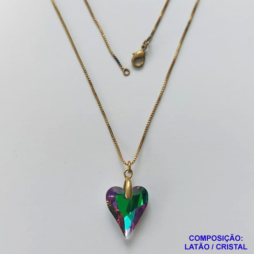 GARGANTILHA NO BRUTO PRONTA PARA O BANHO - GARGANTILHA COM CORRENTE VENEZIANA 45CM E PINGENTE CORAÇÃO CRISTAL VERDE / LILÁS  14X17MM - PESO TOTAL 3,6GR - COMPOSIÇÃO: LATÃO / CRISTAL - BRU15040